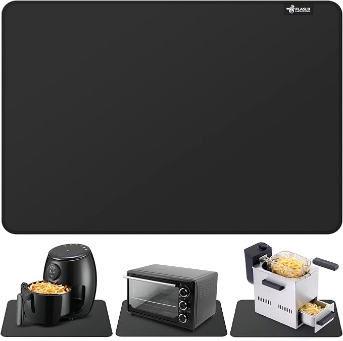 FLASLD Heat Resistant Mat for Air Fryer Site on, Fireproof Silicone Mats for Kitchen Counter, Countertop Protector, No-slip and Waterproof (12"X18", Black)