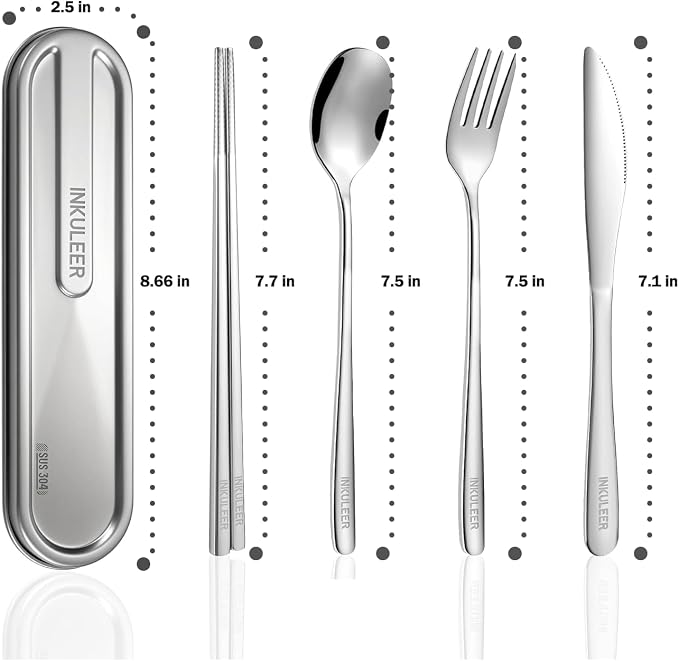 iNKULEER Travel cutlery set, 18/8 stainless steel cutlery, Reusable utensils set with case, Portable Silverware Lunch Box for Camping and Office-Stainless steel