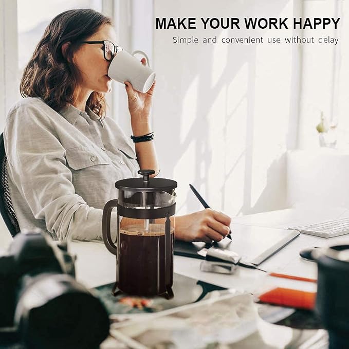 QUQIYSO French Press 34oz, Stainless Steel and Thickened Glass Coffee Maker | 4 Filter Heat-Resistant Borosilicate Glass Coffee Press, Easy to Clean, Suitable for Kitchen Party Camping Gifts(Black)