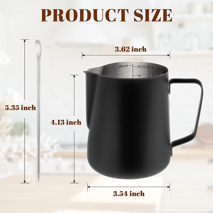 Amrules Milk Frothing Pitcher 20oz Frother Cup Barista Tools, Black | 18/8 Stainless Steel, 20oz Capacity with Clear Scale, with Decorating Pen, Ergonomic Handle, for Cappuccino, Latte & Espresso