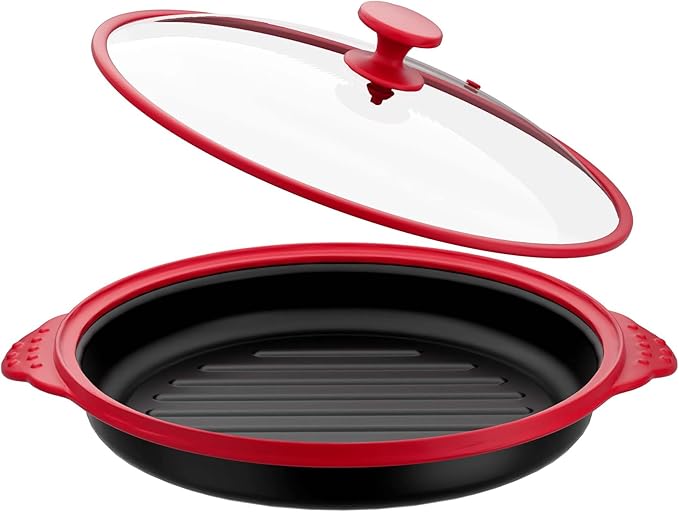 Microwave Grill Pan with Glass Splatter Cover（BPA Free） | Nonstick Microwave Crisper Pan & Cookware Accessories for Grilling Meat, Sandwich, Chicken Wings, Sausage,Dishwasher Safe