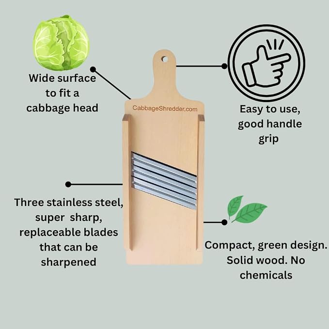 Wooden Cabbage Shredder, Vegetable Slicer | Three Blades, Pre-Oiled, Cut Resistant Glove Included, For Sauerkraut, Coleslaw, Salads