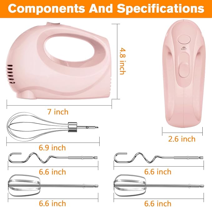 Showvigor Electric Hand Mixer with 5 Stainless Steel Whisks,5 Speed,Pink | Portable Kitchen Mixer Electric Whisk, Food Beater for Whipping Mixing Cookies