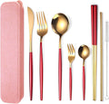AARAINBOW 8 Pieces Stainless Steel Flatware Set Portable Reusable Cutlery Set Travel Utensils Set Including Chopsticks Knife Fork Spoon Straws Cleaning Brush Dishwasher Safe (Red Golden)