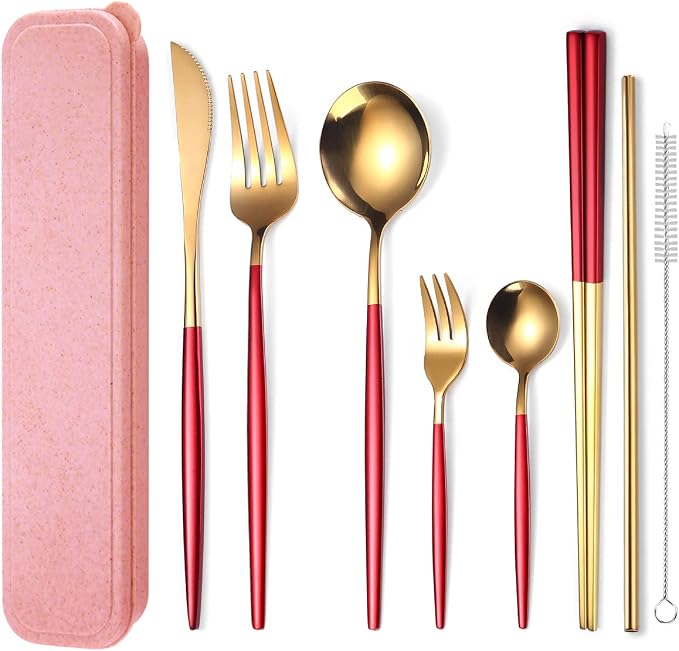 AARAINBOW 8 Pieces Stainless Steel Flatware Set Portable Reusable Cutlery Set Travel Utensils Set Including Chopsticks Knife Fork Spoon Straws Cleaning Brush Dishwasher Safe (Red Golden)