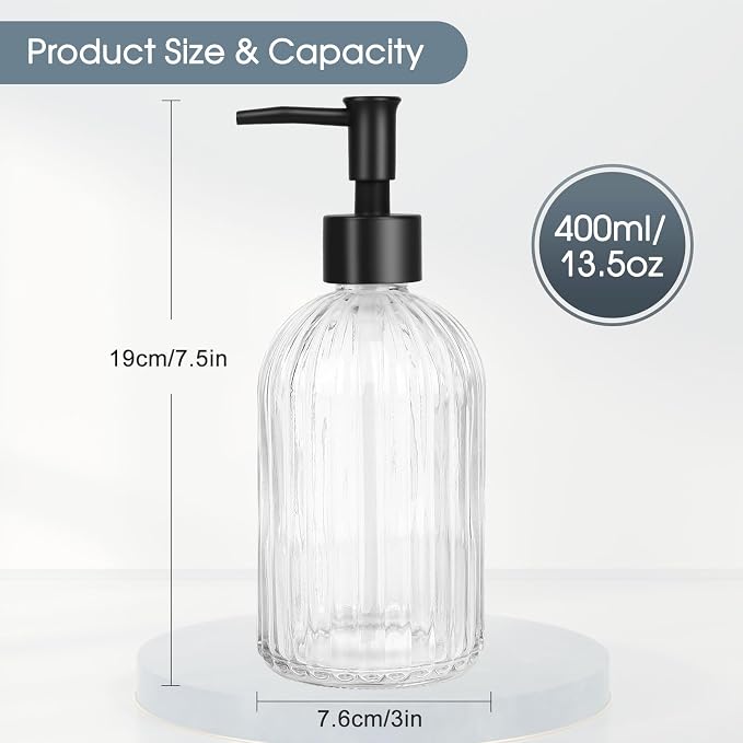 Topsky Glass Soap Dispenser with Plastic Pump, 400ml Liquid Hand Soap Dispenser, Rustproof Pump for Kitchen & Bathroom, Great for Lotions, Essential Oil, Liquid Soaps,Transparent