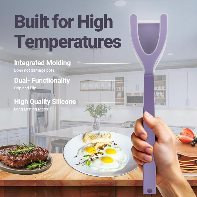 Silicone Egg Flipper Spatula Tongs (Set of 1) – Non-Stick 2-in-1 Grip & Flip Kitchen Tongs for Pancakes, Fish, Eggs, and More – Heat Resistant Cooking Tool (Purple)