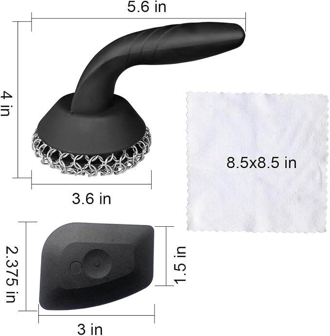 Cast Iron Scrubber with Pan Scraper & Towl, 316 Chainmail Scrubber with Long Handle, Upgraded Chain Mail Scrubber Cleaner for Grill Pan Skillet Wok Carbon Steel Dutch Oven Metal Brush (Black)