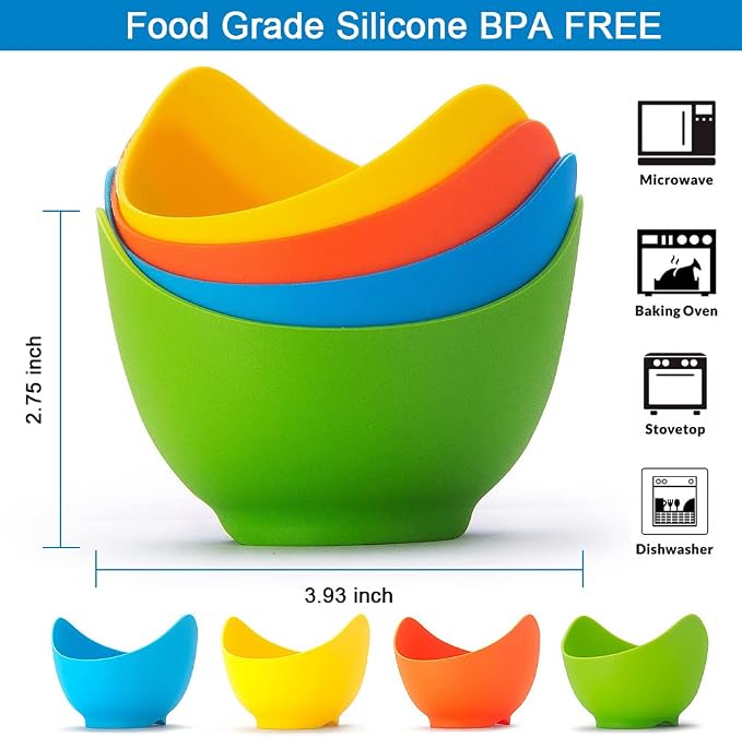 YomiFamily 4 Pack Silicone Egg Poacher Cups with Oil Brush, Gift Box | Nonstick Egg Poaching Cups, BPA Free, Ring Standers, Dishwasher Safe, for Stovetop, Microwave, Air Fryer, Baking oven