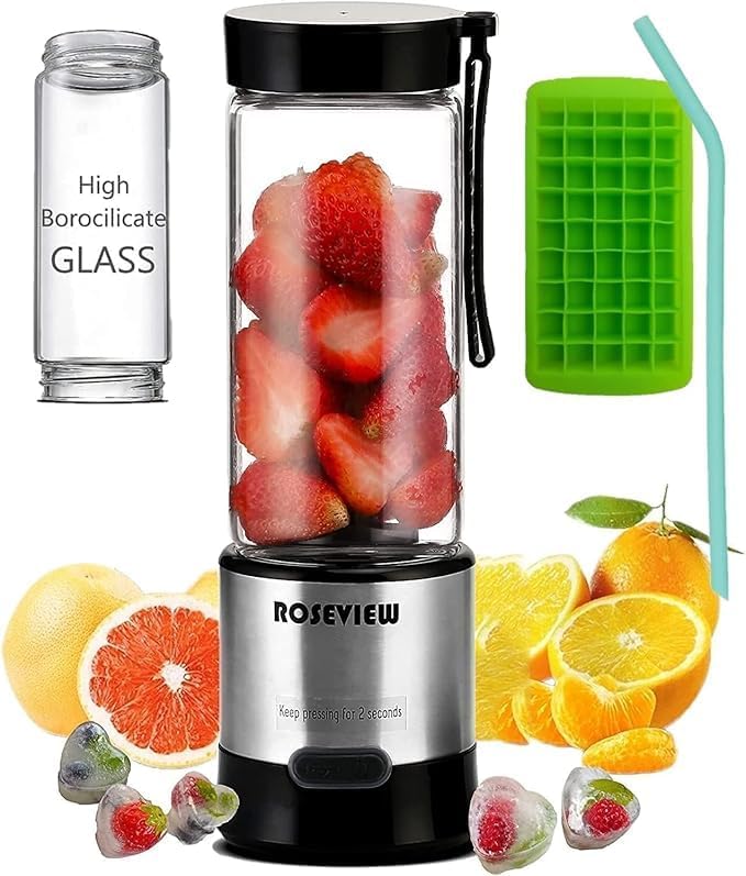 Portable Smoothie blender ROSEVIEW Glass bottle USB rechargeable mini Handheld Ice Shakes Cup blend juicer Cordless blender bottle Personal smoothies maker Fruit mixer
