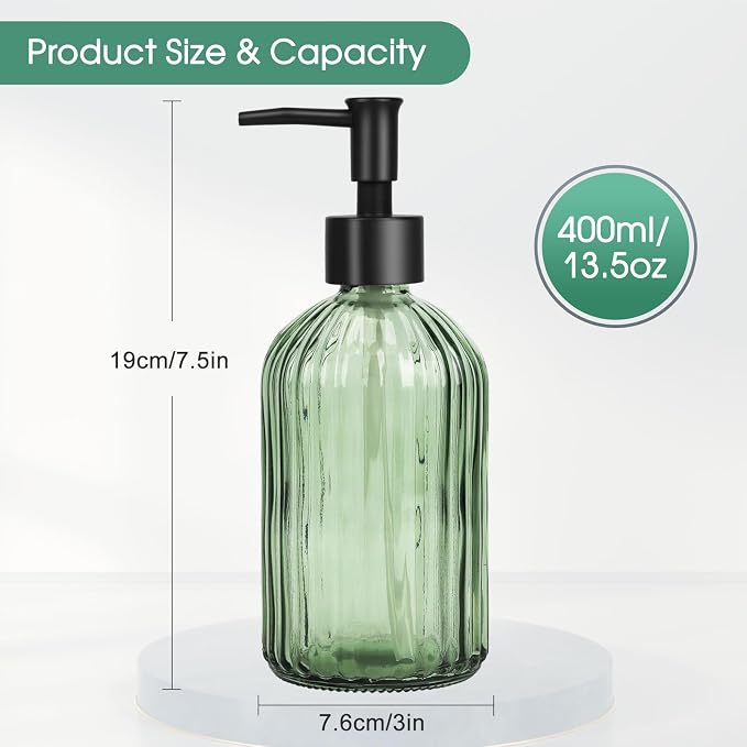 Topsky Glass Soap Dispenser with Black Plastic Pump, 400ml Army Green | Refillable Liquid Hand Soap Dispenser, Rustproof Pump for Kitchen & Bathroom, Great for Lotions, Essential Oil, Liquid Soaps