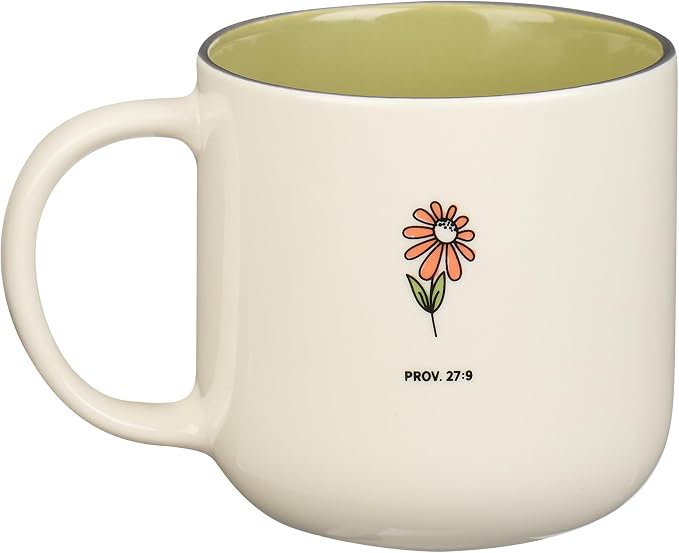 Christian Art Gifts Large Ceramic Coffee & Tea Mug for Women & Friends: Sweet Friendship - Proverbs 27:9 Scripture, Cute Microwave/Dishwasher Safe Floral Cup, Sage Green/White, 15 oz. (Pack of 2)
