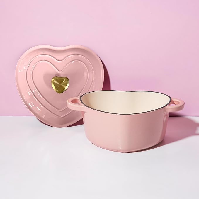 Paris Hilton Enameled Cast Iron Dutch Oven Pot with Lid, Heart-Shaped Dutch Oven, Durable Cast Iron Pot with Dual Handles, Oven Safe to 500°F, Works on All Stovetops, 4-Quart, Pink