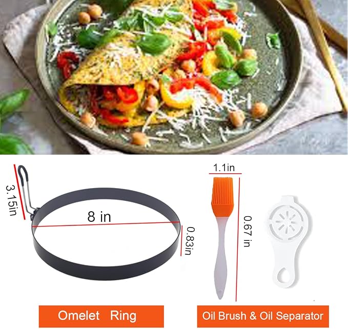 Large 2 Pack 8" Omelette Ring for Griddle, Non-stick Stainless Steel Pancake Ring with Silicone Handle Grill Oil Brush Egg Separator
