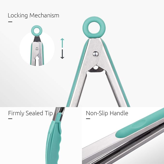 U-Taste Kitchen Tongs for Cooking, 600ºF Heat-Resistant Tps, 3Pcs/Aqua Sky | Silicone Tong Set 7/9/12in, Salad/Grill/BBQ Plastic Tongs for Food Serving, Rubber Thong with 18/8 Stainless Steel Handle