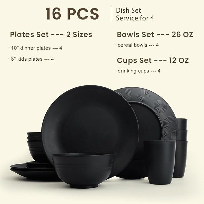 16-Piece Wheat Straw Dinnerware Sets, Reusable Unbreakable Plates and Bowls Sets,Cups,Service for 4, Premium Dishwasher and Microwave Safe Dish Sets for Kitchen,Outdoor - Black