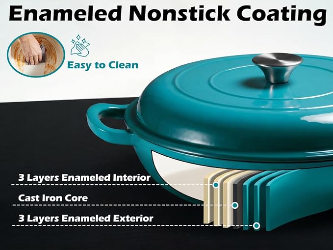 Leonyo 3.6QT Cast Iron Braiser Shallow Dutch Oven with Lid,Lake Green | Nonstick Enameled Cast Iron Casserole Skillet, Cast Iron Cookware Shallow Dutch Oven with Lid for All Cooktop, Oven Safe
