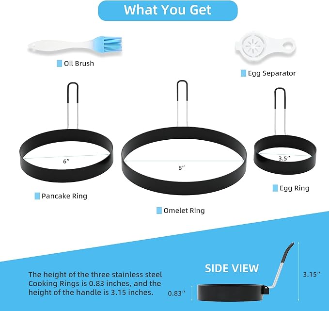 8 Inch Omelette Ring, 6 Inch Pancake Ring and 3.5 Inch Egg Ring | Upgrade 3 Pack Assorted Size Nonstick Stainless Steel Round Cooking Rings Molds with Oil Brush & Egg Separator for Griddle