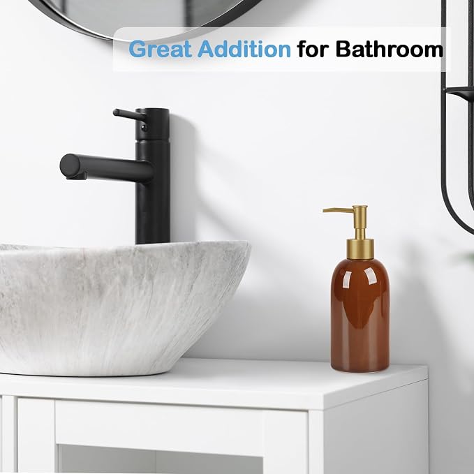 Natheeph 14OZ Ceramic Soap Dispenser Can Fill Liquid for Bathroom, Kitchen | Refillable Hand Soap Dish Soap,Detergent for Kitchen, Bathroom, Soap Pump Dispenser Bottle, Ceramic (Amber)