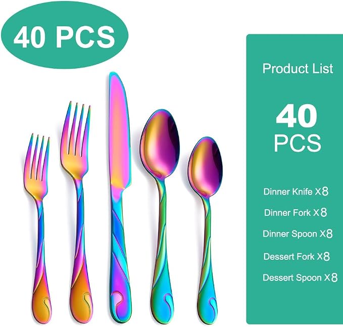 Rainbow Silverware Set for 8, 40-Piece Stainless Steel Flatware Set, Shiny Rainbow Metal Cutlery Set, Include Fork, Knife and Spoon Set, Dishwasher Safe