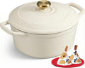 Overmont Enameled Cast Iron Dutch Oven - 5.5QT Pot with Lid Cookbook & Cotton Potholders - Heavy-Duty Cookware for Braising, Stews, Roasting, Sourdough Baking Cream White