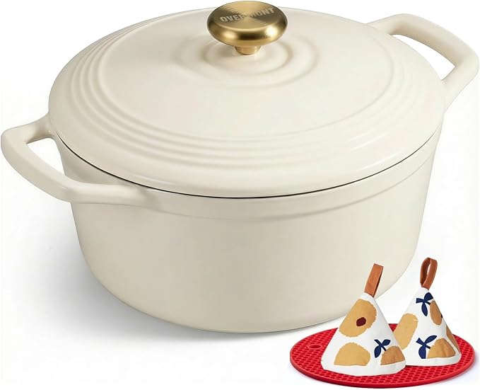 Overmont Enameled Cast Iron Dutch Oven - 5.5QT Pot with Lid Cookbook & Cotton Potholders - Heavy-Duty Cookware for Braising, Stews, Roasting, Sourdough Baking Cream White