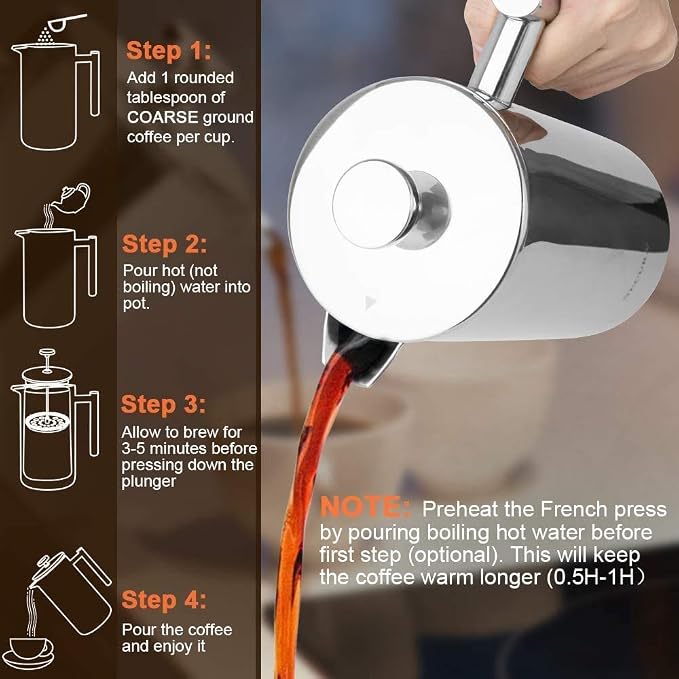 Secura French Press Coffee Maker, 304 Grade Stainless Steel Insulated Coffee Press with 2 Extra Screens, 12oz (0.35 Litre), Silver