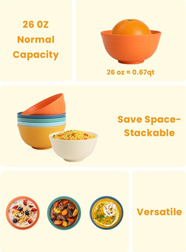 Wheat Starw Cereal Bowls, Unbreakable Bowl Set 6 PCS, Microwave and Dishwasher Safe Bowls, Alternative to Plastic Bowl Reusable, Bowl Set for Kitchen, Picnic, Camping, Party (26 OZ, Colorful)