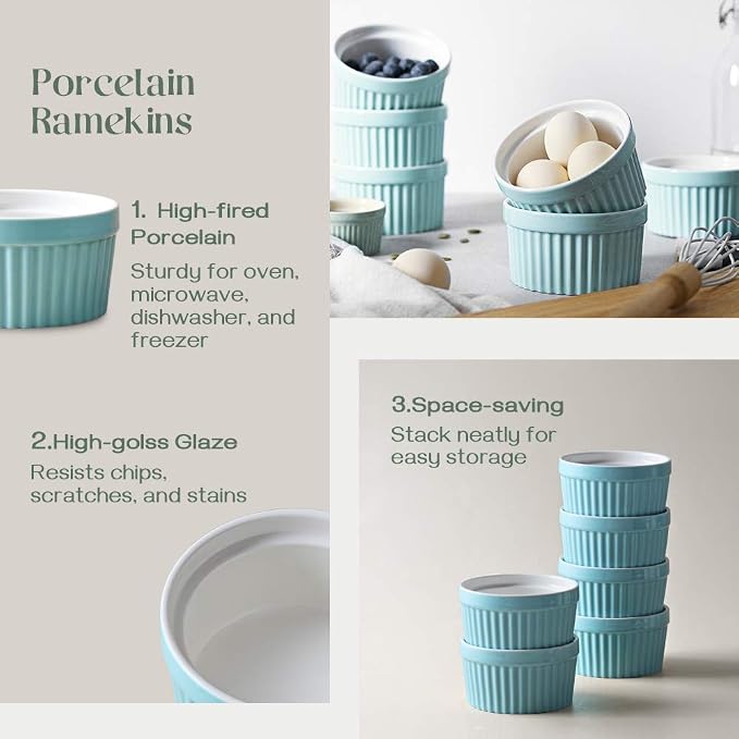 DOWAN 8 oz Ramekins for Creme Brulee, Porcelain Ramekin Oven Safe, Classic Style Ramekins for Baking Souffle Dishes Small Bowls, Set of 6, Blue
