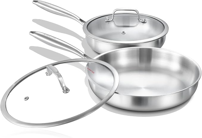 DELARLO Tri-Ply Stainless Steel Pan,18/10, 8",10" | Nontoxic Durable Oven Safe 800℉ All Cooktops Compatible Fast Even Heat PFOA Free Large Frying Pan Nontoxic Cookware