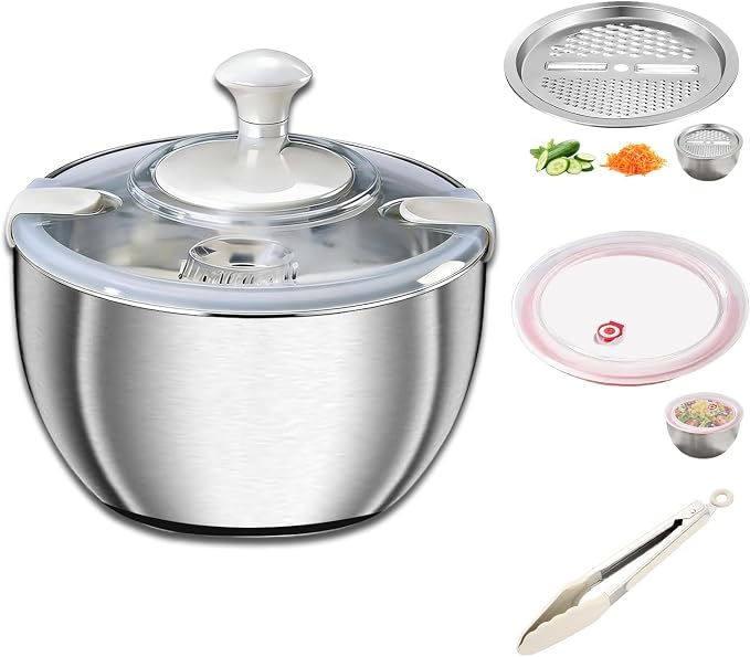 Large Salad Spinner with Storage Lid，5.29QT Stainless Steel Spin Dry Salad Greens Fruit Washing Bowl with Strainer Vegetable Cleaner washer Lettuce Spinner with slicer and julienne cutter