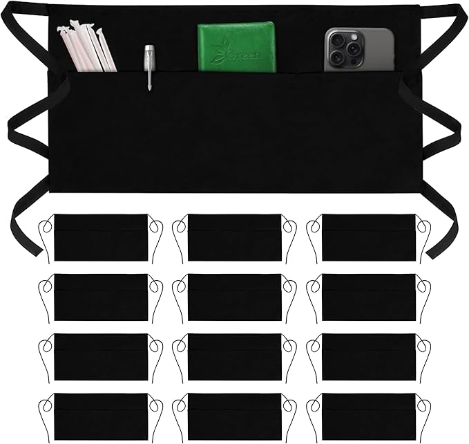 Server Aprons with 3 Pockets - Waist Apron, Waitress Apron for Women and Man, Water Resistant with Long Waist Strap Reinforced Seams, Half Apron (12 Pack - Black)