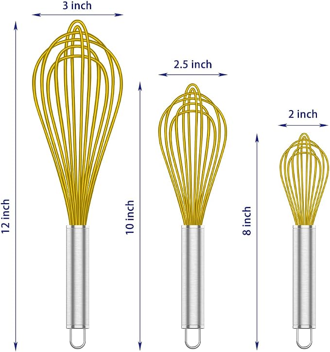 OYV Yellow Silicone Whisk Set of 3, 8/10/12 Inch, Non-Scratch | BPA-Free Silicone, Heat Resistant Up to 480°F, Stainless Steel Core, Dishwasher Safe, Nonstick-Safe