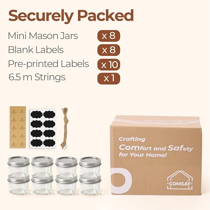 ComSaf Mini Mason Jars 4 oz, 8 Pack Regular Mouth Glass Jars with Lids | BPA-Free Materials, Spice Rack, Small Jam, Honey Samples, Wedding Favors, DIY Candles, Labels and Twine