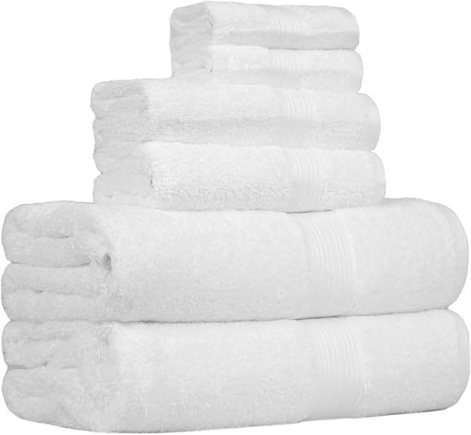 Amazon Basics 6-Piece Oversized Highly Absorbent Fade-Resistant Towel Set, 100% Cotton Towels for Bathroom, Soft, 2 Bath Towels, 2 Hand Towels, 2 Washcloths, White