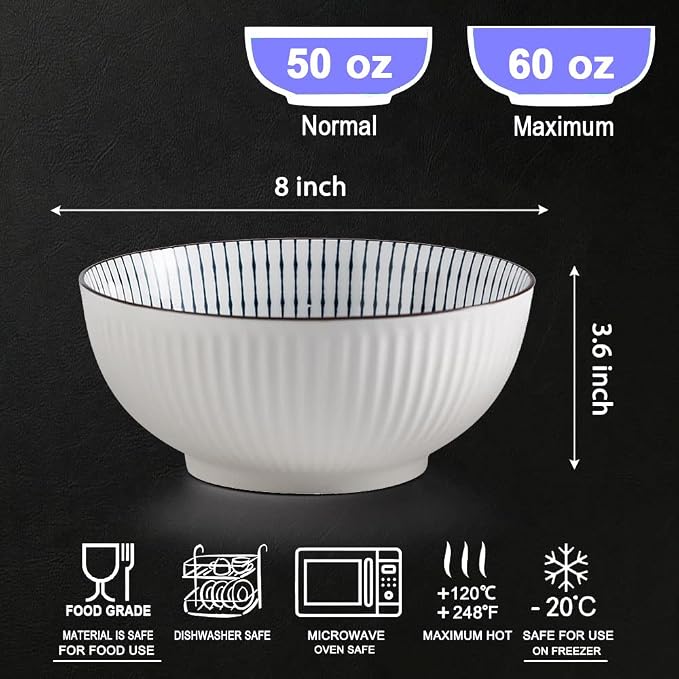 Houlu 60 oz Pho Bowls, Large Soup Bowl, Japanese Ramen Bowl Set, 8 inches Big Porcelain Bowls Set of 3, Mixing Pattern