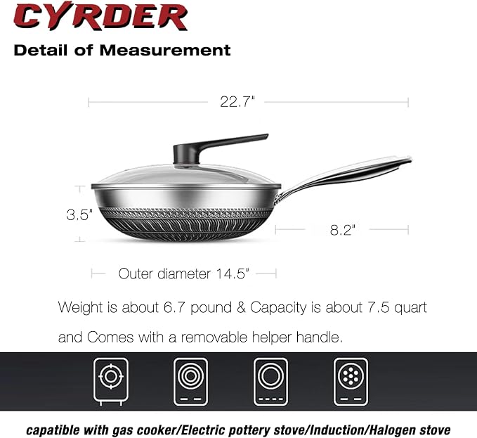 Large Hybrid Nonstick Stainless Steel Pan Skillet, 14.5in | PFOA Free Non-Stick Wok, Dishwasher Oven Safe, Stay Cool Handle, Works with Induction Cooktop/Ceramic/Gas/Electric Stove