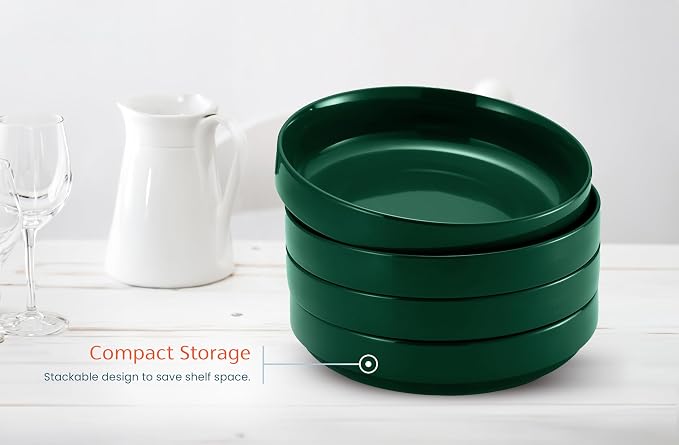 KooK Ceramic Large Pasta Bowls, Microwave and Dishwasher Safe, Great for Soups and Salads, Shallow Serving Bowls, Glossy Porcelain, 47 oz, Set of 4, Hunter Green