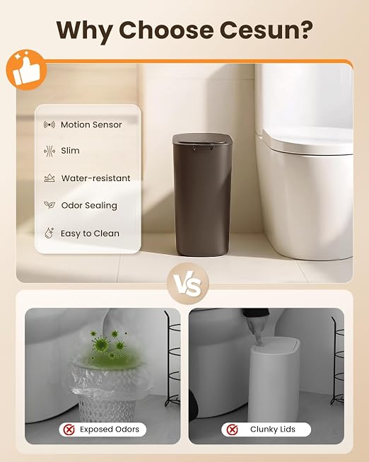 Cesun 5 Gallon Automatic Bathroom Trash Can with Lid, Brown, Touchless | Motion Sensor, Slim, Small Smart Garbage Bin, Plastic, Battery Operated, Manual Button, for Office/RV/Bedroom/Living Room