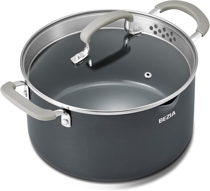 BEZIA 6 Quart Ceramic Non Stick Stock Pot with Strainer Lid & Pour Spout | PFAS-Free Pasta Pot for Easy Straining, Oven Safe Induction Cooking Pot with Stay-Cool Silicone Handles for Soup, Chili, Stew