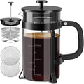 QUQIYSO French Press 34oz, Stainless Steel and Thickened Glass Coffee Maker | 4 Filter Heat-Resistant Borosilicate Glass Coffee Press, Easy to Clean, Suitable for Kitchen Party Camping Gifts(Black)