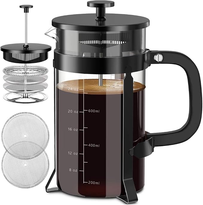 QUQIYSO French Press 34oz, Stainless Steel and Thickened Glass Coffee Maker | 4 Filter Heat-Resistant Borosilicate Glass Coffee Press, Easy to Clean, Suitable for Kitchen Party Camping Gifts(Black)