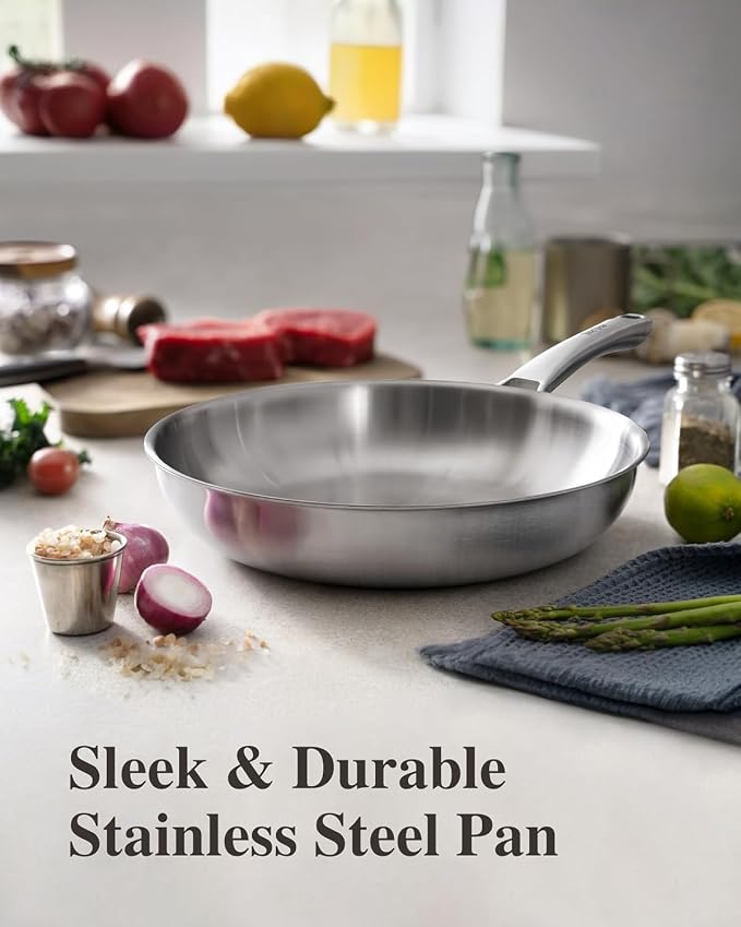 VocVoi Stainless Steel Pan, 12 Inch Frying Pan, PFOA & PTFE Free, Non Toxic Skillet, Dishwasher & Oven Safe, Induction Compatible, Ceramic & Gas Cooktops