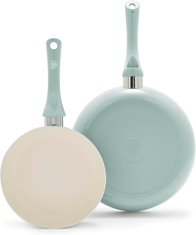 GreenLife 2 Piece (8" & 10") Ceramic Nonstick Skillet Set, Mint Green | PFAS-Free Nonstick Coating, Frying Pans, Omelet Pans, Everyday Pan, Induction Ready, All Stovetop Compatible, Dishwasher Safe
