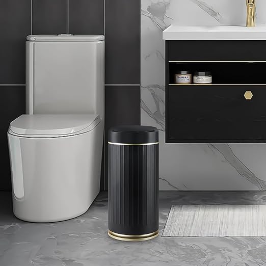 SYNCVIBE Bathroom Sensor Trash Can with Lid, 2 Gallon, Black Gold | Automatic Garbage Can, 7.5 Liter Smart Trash Bin, Slim IPX5 Waterproof Plastic Wastebasket for Bedroom and Office