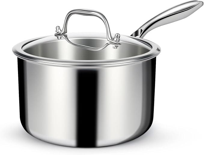 EWFEN 3 Ply Stainless Steel Saucepan with Lid, 3 Quart Multipurpose Cooking Pot, Stay-Cool Handle, Induction Oven Dishwasher Safe, 3 QT