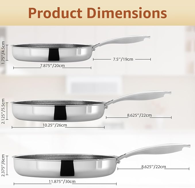 LOLYKITCH Hybrid 8-10-12 Inch Nonstick Frying Pan Set | PFOA Free | Stainless Steel Skillet | Non-Toxic | Stay-Cool Detachable Handle | Dishwasher and Oven Safe | Induction Ready