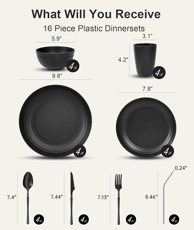 Quatish 32 Piece Plates and Bowls Sets for 4, Unbreakable Dinnerware Sets, Plastic Dish Set for Camping, Dishwasher Microwave Safe, Outdoor Kitchen and Apartment Dinning RV Essentials, Black