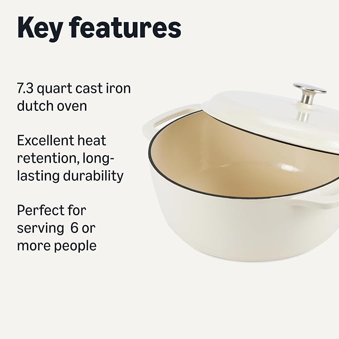 Amazon Basics Enameled Cast Iron Dutch Oven Pot with Lid, Round, Dual Handles, Heavy-Duty, Oven Safe for Stews, Roasting, Baking, 7.3-Quart, White