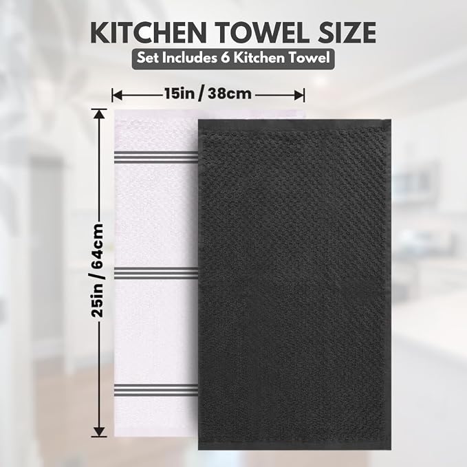 Infinitee Xclusives Kitchen Towels - 6 Pack - Cotton Dish Towel |15" x 25"| | 100% Cotton, Highly Absorbent Tea Towels - Lint Free, Soft, Durable & Quick Dry, Ideal for Drying Dishes & Kitchen Cleaning